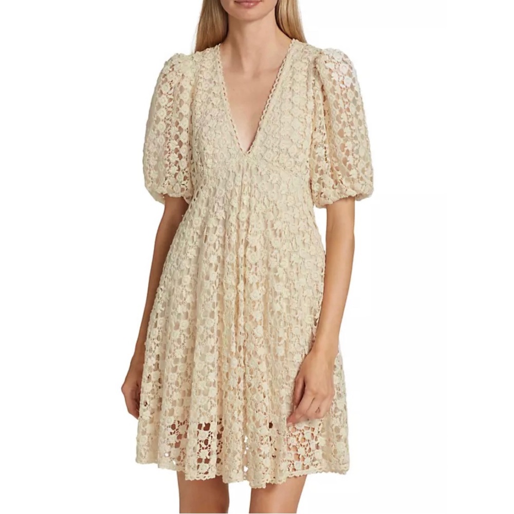 byTiMo Puff-Sleeve Lace Crochet V-Neck Babydoll Dress In Cream NWT